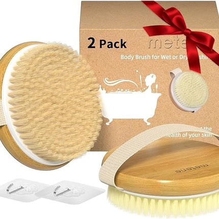 Metene 2 Pack Bamboo Dry Body Brushes, Shower Brush Wet and Dry Brushing, Dry Brush for Cellulite and Lymphatic, Body Scrubber with Soft and Stiff Bristles, Suitable for All Kinds of Skin