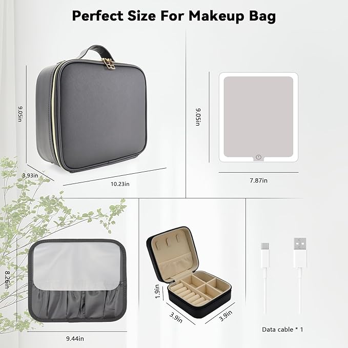 Travel Makeup Bag with LED Mirror with 3 Lighted Settings, Adjustable Dividers, Makeup Brush Storage Bag and Jewelry Case Black