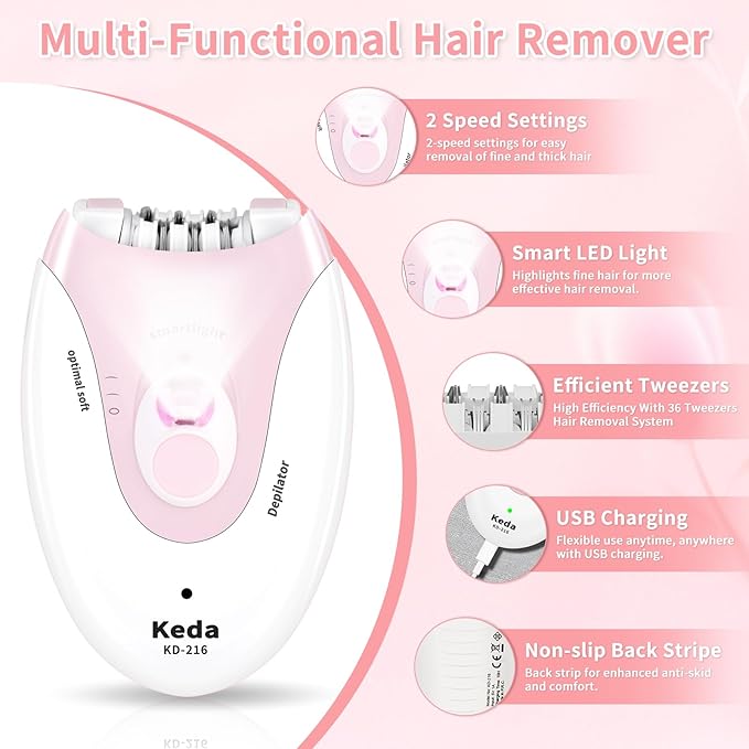Epilator for Women - 2 Speeds Smooth Skin Face Epilators with LED - Long-Lasting Cordless Electric Tweezers Hair Remover for Armpit/Leg/Bikini Area/Arm/Facial Epilator Hair Removal for Women