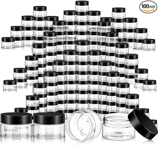 SATINIOR 100 Pcs Plastic Jars with Lids Small Containers Lids Wide Mouth Small Plastic Containers for Lotion Cream Rhinestones Body Butters Travel Storage(6 oz,Black)