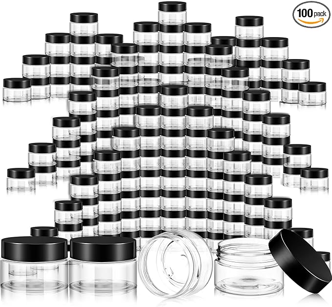 SATINIOR 100 Pcs Plastic Jars with Lids Small Containers Lids Wide Mouth Small Plastic Containers for Lotion Cream Rhinestones Body Butters Travel Storage(10 oz,Black)
