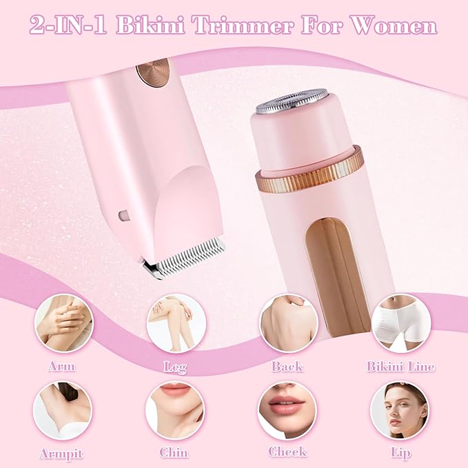 2 in 1 Women Electric Shaver Dual Head Bikini Trimmer for Women, IPX7 Waterproof Wet & Dry Use Painless Electric Razors for Silk Skin, Bikini Underarm Leg Arm Body Face, Pink