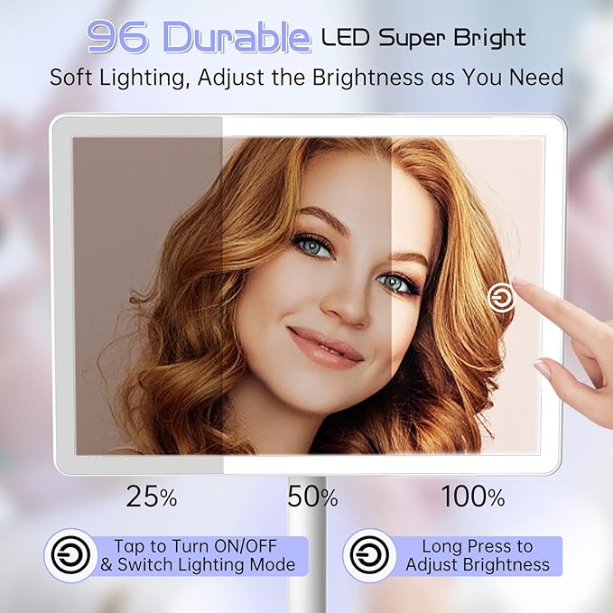 FUNTOUCH Rechargeable Makeup Vanity Mirror with Lights, Large Lighted Desk Makeup Mirror with 96 LED Lights and 10x Magnifying Mirror, 3 Color Lighting, Light up Make up Mirror with Phone Holder