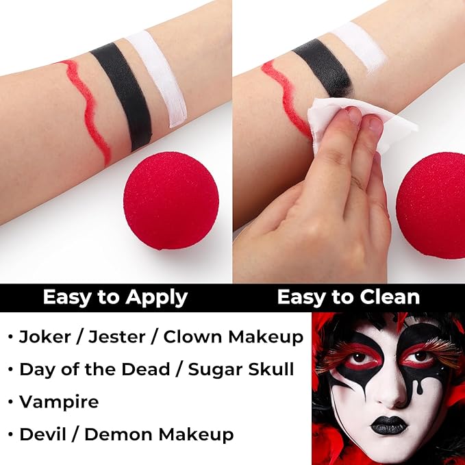 Halloween Joker Clown Makeup Kit, Black White Face Body Paint + Red Nose, SFX Makeup Set for Teens and Adults Art Costume