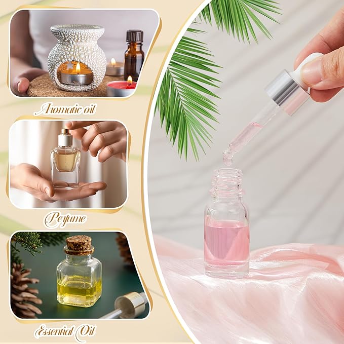 100 Pcs Mini Glass Oil Dropper Bottle Bulk, Clear Essential Small Empty Bottles Sample Containers Perfume Liquid Vials with Cap for Traveling (10 ml,Silver)