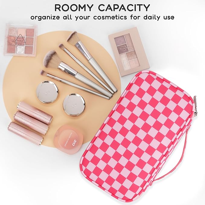 Relavel Makeup Bag, Cute Travel Cosmetic Bag, Small Pink Make Up Bags, Portable Toiletry Storage for Women Girl, Waterproof Makeup Organizer for Gym, Camping, Trip, Daily Use - Rose Red