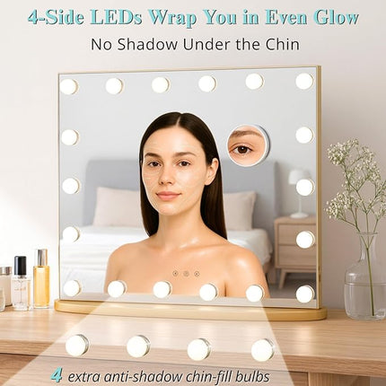 LUXFURNI Hollywood Glamour Vanity Mirror with 4 Extra Bottom Bulbs | Shadow-Free, Perfect Makeup View | Desk & Wall Mountable | 3 Color Modes for Office, Outdoor, Party Looks | USB Charging
