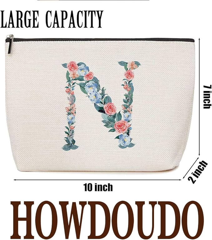 Initial Makeup Bag Monogrammed Travel Toiletry Bag Monogram Cosmetic Bag Birthday Christmas Bridal Shower Bridesmaid Gifts Personalized Gifts for Women Bride Teacher Sister Niece, Floral Letter N