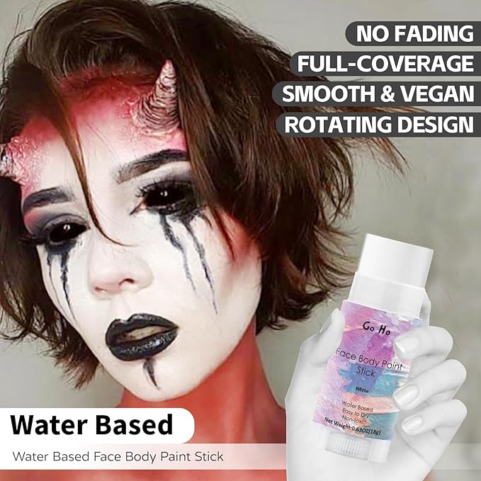 Go Ho Clown White Face Body Paint Stick,Water Based Cream to Powder Face Painting,Easy-to-use Face Paint for Halloween Cosplay SFX Zombie Skeleton Vampire Clown Makeup,0.63oz