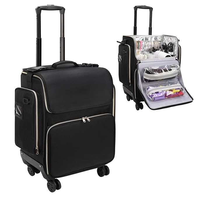 OCHEAL Hairstylist Traveling Case - 360° Rotatable Wheels, Heat Insulation Cosmetic Makeup Trolley Train Case for Hairstylists Hairdressers, Detachable Pouch, Hairdressing Tool Organizer