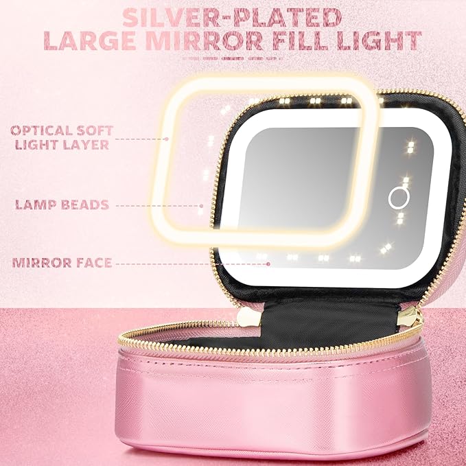 Small Makeup Bag with Led Mirror, Mini Travel Make up Bag 3 Light Modes Adjustable Brightness, for Women Organizer Cosmetic Bag, Portable Travel Train Toiletry Bag, for Pool Parties Work Touch-Ups