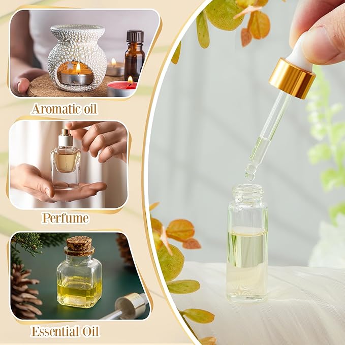 20 Pcs Mini Glass Oil Dropper Bottle Bulk, Clear Essential Small Empty Bottles Sample Containers Perfume Liquid Vials with Cap for Traveling (1ml,2ml,3ml,5ml,Gold)