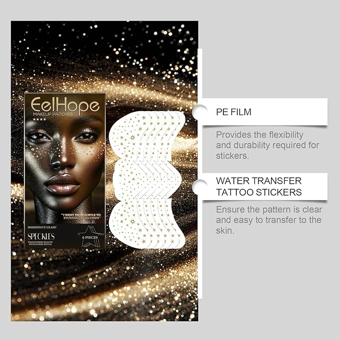 12 Count Makeup Patches,Gold-Face Glitter Speckles Patches,Glitter Freckles Face Tattoo, Sparkle Makeup Patches,Glow Up Makeup Patches for Women - Cosmetic Glitter for Face