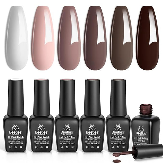 beetles Brown Gel Nail Polish Set - 6 Colors Coffee Brown White Neutral Pink Nude Gel Nail Polish Caramel Cappuccino Soak off Uv Led Lamp Needed Nail Art DIY Manicure Fall Gift Set