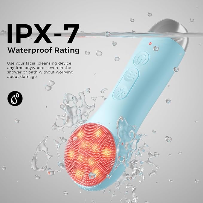 Facial Cleansing Brush Face Scrubber - Rechargeable Electric Face Cleansing Brush with 4 LED Gentle Light Liquid Silicone Modes Exfoliator,IPX7 Waterproof Ideal Gift for Men and Women-Blue