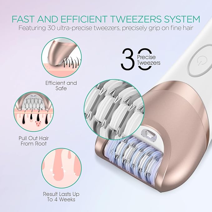 VOYOR Epilator for Women, 3 in 1 Epilator Hair Removal for Women, Epilators Hair Remover for Leg Arm with 30 Tweezers, Rechargeable & Cordless Electric Lady Shaver & Trimmer BM300 (Champagne Gold)