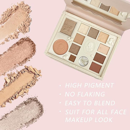 K'APEINE Nude Eyeshadow Palette, Embossed 12Colors Eyeshadow Palette with Blush, Contour, Highlighter All In One Disc Makeup Kit Matte&Glitter Eyeshadows Multi-Use Eye Shades Palette for Natural Look