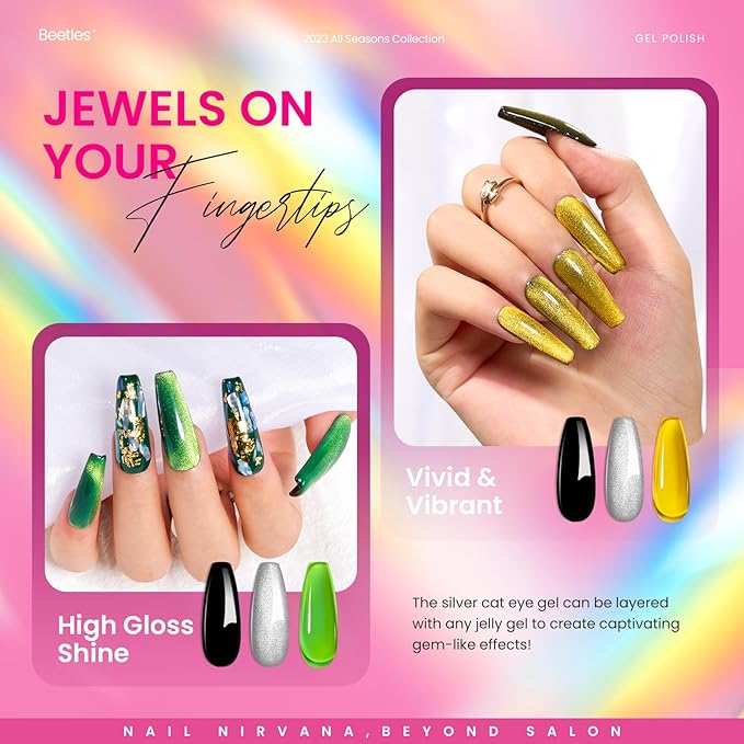 Beetles Gel Nail Polish Set, 6 Colors Silver Cat Eye Gel Polish Sheer Jelly Red Pink Yellow Green Black Neon Gel Translucent Glitter Effect with Magnet Soak Off UV Manicure Gifts for Women