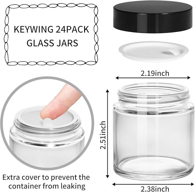 KEYWING 4oz Small Glass Jars, 24 Pack Round Clear Glass Jars with Black Lid Empty Cosmetic Containers with Inner Liners for Lotions, Powders, Cream and Ointments