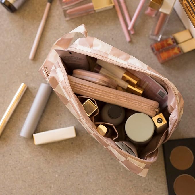 Tiny Twinkle Travel Waterproof Makeup Bag | Travel-Friendly Cosmetic Organizer with Convenient Carry Handle | Spacious Interior, and Secure Zipper Closure (Beige Checkers)