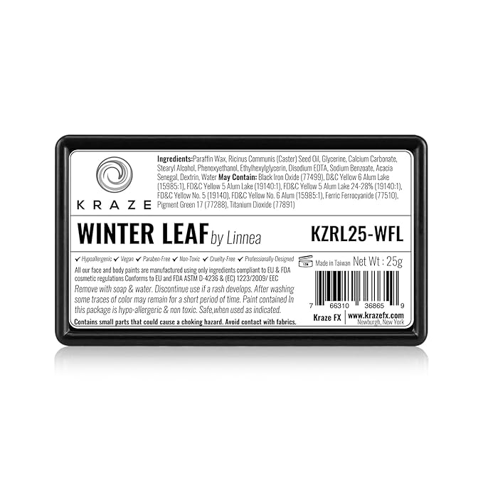 Kraze FX Dome Stroke - Winter Leaf by Linnea (25 gm), Professional 1-Stroke Split Cake, Hypoallergenic, Non-Toxic, Water Activated Face & Body Painting Makeup Supplies for Kids Safe Adults