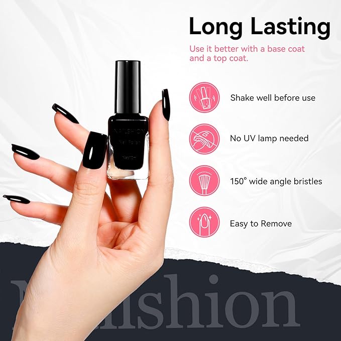 Black Nail Polish French Nail Art Shiny Class Black Nail Strengthening 9-Free Vegan Rich in Castor Oil Fast Air Dry Classic Toe Fingernail Polish Non-gel DIY at Home Gift for Girls Women