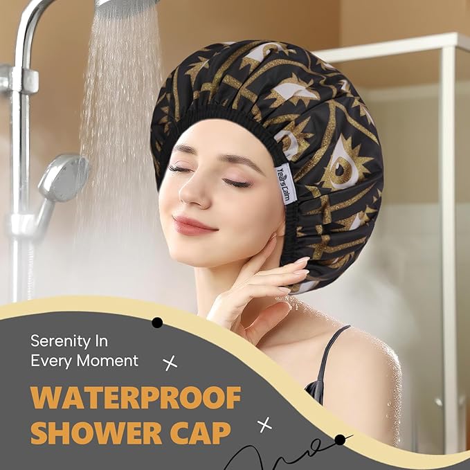 Years Calm Evil Eye Shower Caps for Women Reusable Waterproof, Pattern and Solid Color Dual-Layer Design, Hair Cap for Shower with Elastic Band, Fits Braids, Dreadlocks & Long Hair (Black)