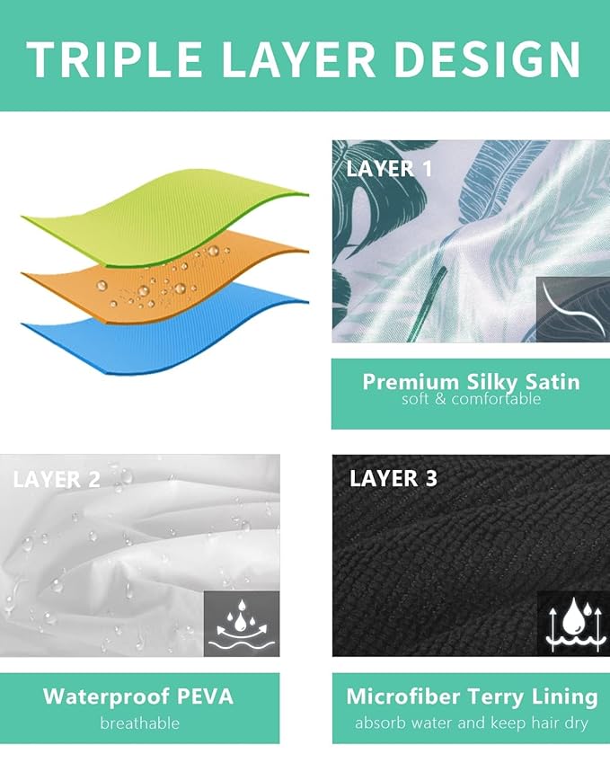 Shower Caps, Triple Layer Waterproof Large Shower Cap for Women, Reusable Shower Caps for Long Thick Hair lined shower cap