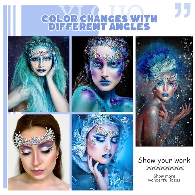 Mermaid Face Gems Stickers Rhinestone Colorful Glitter Gems Temporary Face Tattoo Stickers for Women Girl Halloween Cosplay Christmas Music Carnival Party Makeup (2 Pack)