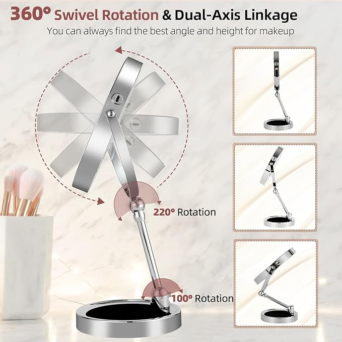 8" Rechargeable Lighted Makeup Mirror with Magnification, Adjustable Height & Brightness 1X/10X Double Side Magnifying Mirror with Light, 3 Color Lighting 360° Rotation Storable Base, Chrome