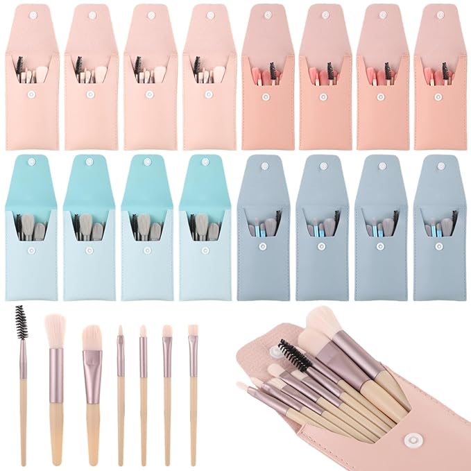 16 Pack Travel Brush Sets 8-Piece Mini Synthetic Fiber Cosmetic Brushes with Bag, 4 Colors- Bridesmaid Present & Bachelorette Party Favor
