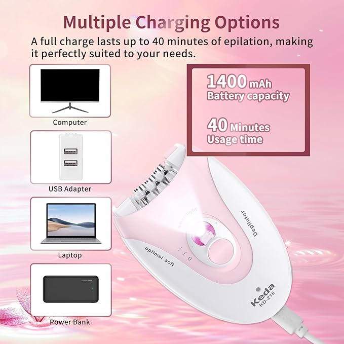 Epilator for Women, 2 Speeds Epilators Hair Removal for Women with LED Light, Hair Removal Device with 36 Tweezers，Painless Smooth Rechargeable Epilator for Face, Bikini, Arms, Legs, Armpits