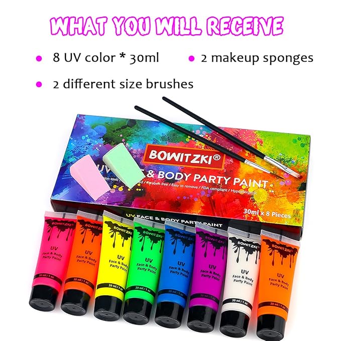 Bowitzki UV Neon Face and Body Paint 8 x 30ml /1 oz Liquid Large Kit Black Light Glow in the Dark Makeup Set Fluorescent Painting for Adults Kids Music Festivals Party Halloween Christmas