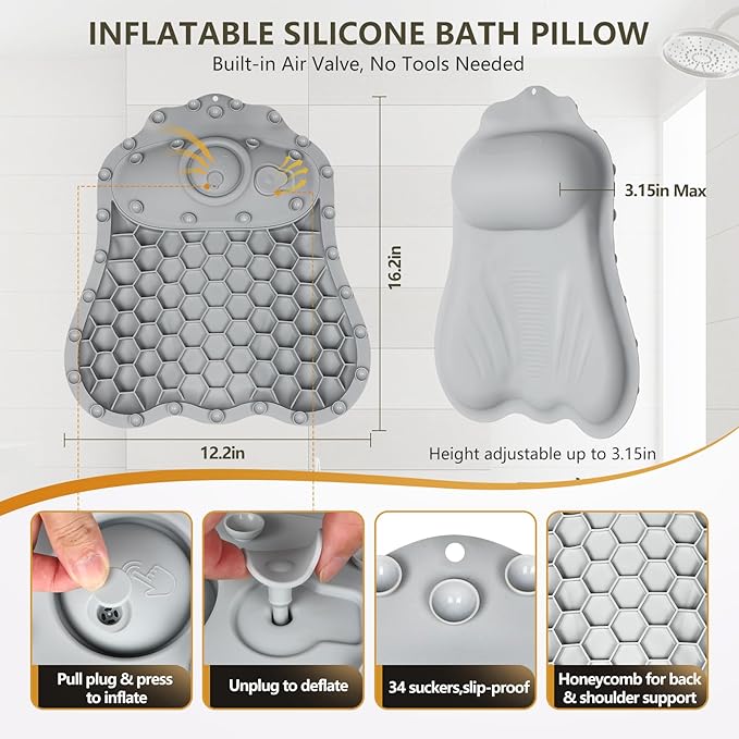 Inflatable Bath Pillow for Tub - Adjustable Firmness Silicone Bathtub Pillow for Epsom Salt Soaking & Spa Neck-Relaxing, Head & Back Reclining Support Cushion, Xmas Gift for Couples, Parent, Friends