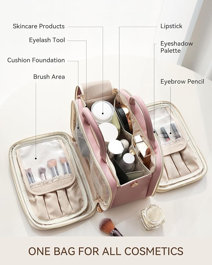 Prite Makeup Bag for Women, Large Capacity Waterproof Travel Cosmetic Organizer, Portable Open Flat Toiletry Bag with Free-standing Brush Holder and Handle(Pink Large)