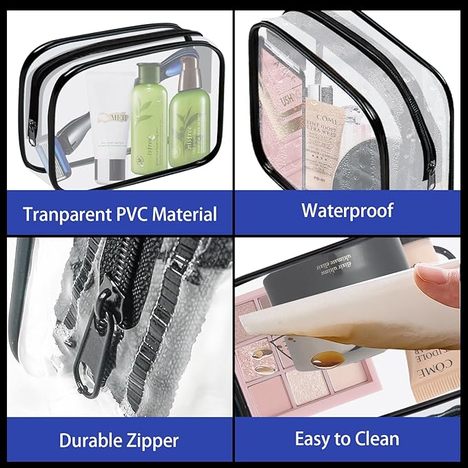 16 Pieces Clear Cosmetic Bags PVC Clear Makeup Bags TSA Approved Toiletry Bag with Zipper Waterproof Vinyl Plastic Organizer Storage Transparent Pouch for Women and Men (Black, Small)