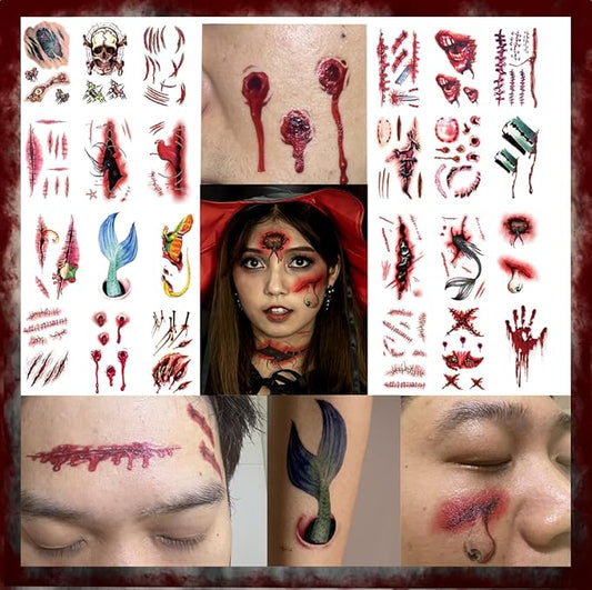24 Sheets Fake Scar Halloween Tattoos Temporary, Waterproof Zombie Makeup Kit Stickers with Realistic Scary Bloody Wound Scratches Stitches for Women Men Adults Party, Costume, Prank Props