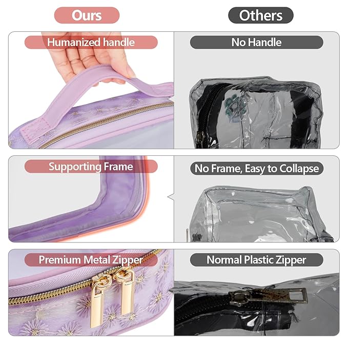PACKISM Floral Texture TSA Approved Toiletry Bag - 180° Large Opening Clear Makeup Bags with Handle, Easily Access, Clear Travel Bags for Toiletries TSA Approved, Thick 0.5 mm, Purple