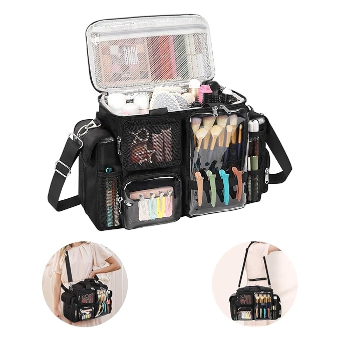 Hairstylist Travel Bag, Hair Tool Organizer with Adjustable Dividers, Hair Tools Travel Bag with Multi Pockets, Professional Hairdressing Organizer for Makeup Artists with Shoulder & Waist Straps