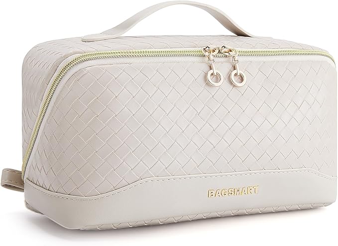 BAGSMART Makeup Bag, Travel Cosmetic Bag Organizer, PU Leather Water-Resistant Pouch, Open Flat Makeup Storage for Toiletries, Brushes, PU Leather Beige