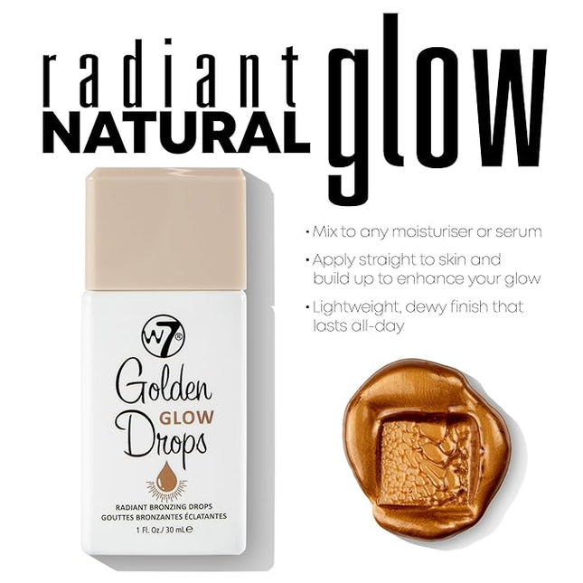 W7 Golden Glow Drops & Brush Duo - 2Pcs Set - Liquid Bronzing Drops & Face & Body Applicator Brush