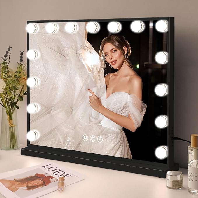 Fenair Vanity Mirror with Lights 22.8"x 18.1" Makeup Mirror with Lights and 15 Dimmable Bulbs,3 Colors Modes,Hollywood Mirror with USB Charging Port and 10X Detachable Magnification Mirror（Black）