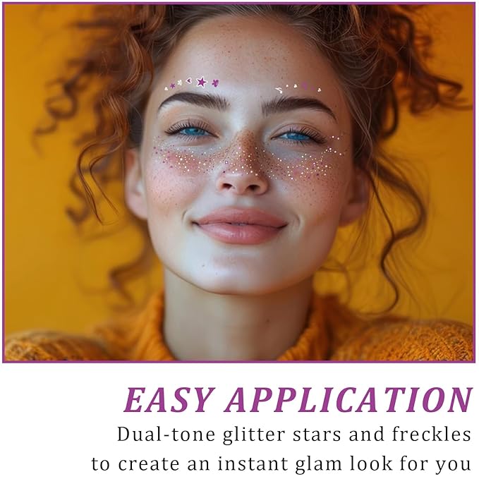 20 Pcs Purple and Silver Face Makeup Patches, Purple-silver Glitter Freckles, Halloween Glitter Freckles Face Tattoo, Waterproof Face Sparkle Freckles, Long-Lasting 48h Freckles for Women