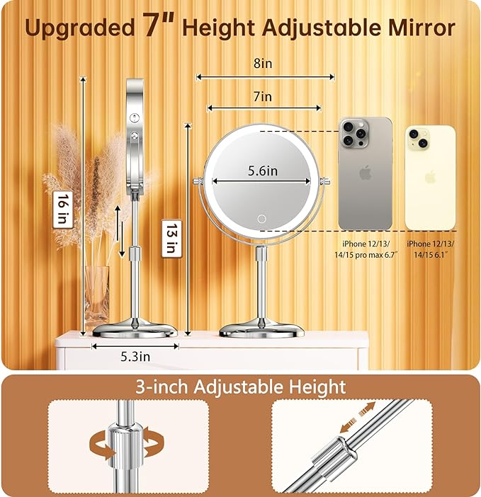 Gospire 7" Lighted Makeup Mirror with Magnification 10X/1X, Height Adjustable & 3 Color Dimmable Lights, 360° Swivel Double Sided Light up Rechargeable LED Cosmetic Vanity Cordless Standing Mirror