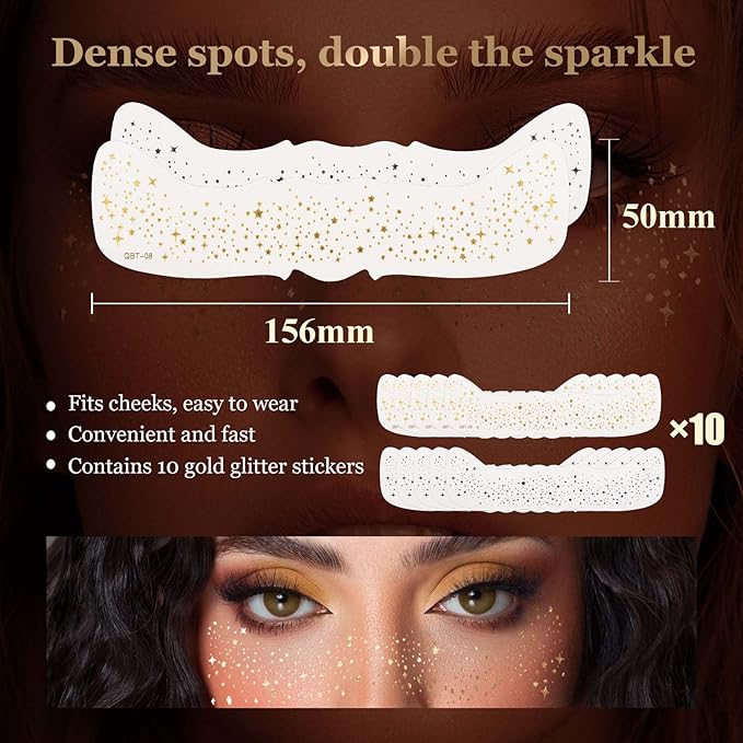 10 Pcs Glitter Freckles Face Tattoo, Face Glitter Makeup Patches, Waterproof Sparkle Freckles Tattoo Fairy Makeup Accessories For Women (Silver)