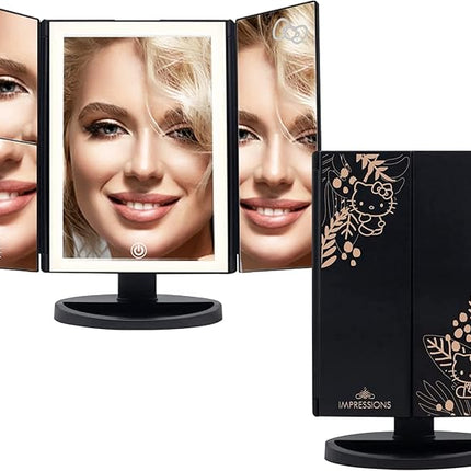 Impressions Vanity Hello Kitty Mirror with Lights, Trifold LED Tri Tone Makeup Mirror with Touch Sensor and Three Adjustable Mirror Panels, Handheld Magnifying Makeup Mirror (Black)