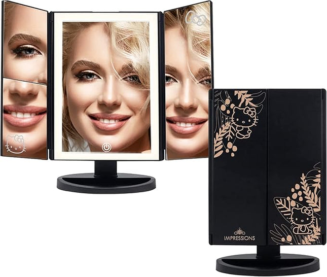 Impressions Vanity Hello Kitty Mirror with Lights, Trifold LED Tri Tone Makeup Mirror with Touch Sensor and Three Adjustable Mirror Panels, Handheld Magnifying Makeup Mirror (Black)