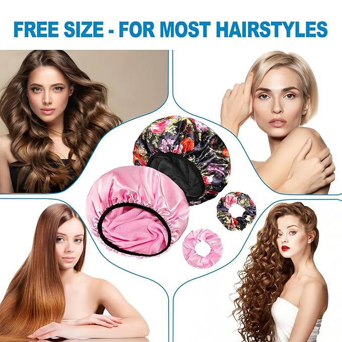 Shower Cap for Women, 2 PCS 3 Layers Terry Lined Shower Caps + 2 Satin Scrunchies, Waterproof Terry Cloth Bath Caps Elastic and Reusable Hair Cap for Shower - (Pink+Flower A)