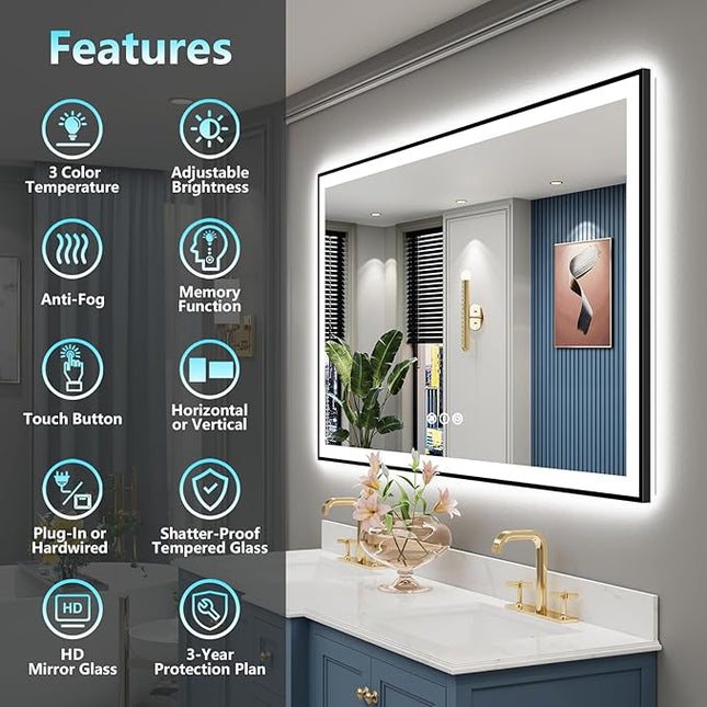 60"x38" Black Framed LED Bathroom Mirror with Lights, Backlit & Front Lit, Anti-Fog Lighted Vanity Mirrors for Bathroom Wall, Dimmable, 3 Colors, Memory, Shatter-Proof, Tempered Glass, CRI＞90