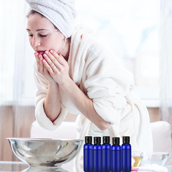 Zhehao 200 Pcs 2 oz Blue Plastic Empty Bottles Small Travel Size Bottles with Flip Cap Empty Transparent Dispenser Container for Liquids Toiletries Shampoo Lotion (Black Cap)